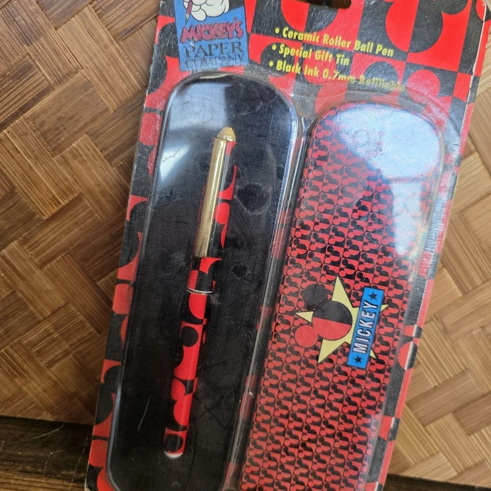 Disney Mickey's Paper Company Roller Ball Pen Red & Black Refillable Gift Tin‎